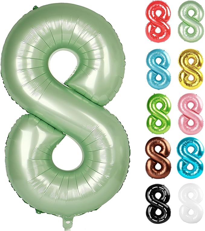Sage Green Number 8 Balloon 40 Inch, 8 Balloon Number, 8th Birthday Decorations, Oliver Green Party Supplies for Boys Girls