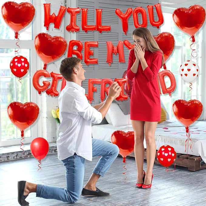 2 Set 16 Inch Will You Be My Girlfriend Balloons Banner, Red Proposal Letter Balloons with 10 Heart Shaped Balloon for Romantic Decorations, Engagements, Anniversaries, Valentines Day Decor