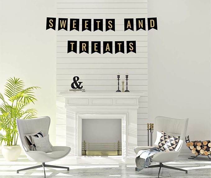 Andaz Press Faux Gold Glitter on Black Party Banner Decorations, Sweets and Treats, Approx 5-Feet, 1-Set, Birthday Wedding Baby Shower Colored Hanging Pennant Decor