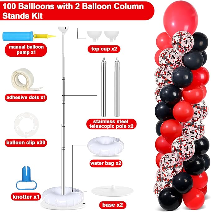 2 Sets Red and Black Balloon Column Stand Kit with 100 Balloons Adjustable Balloon Tower Stand with Bases for Floor Confetti Balloons Column Kit for Graduation Birthday Appreciation Party Decor