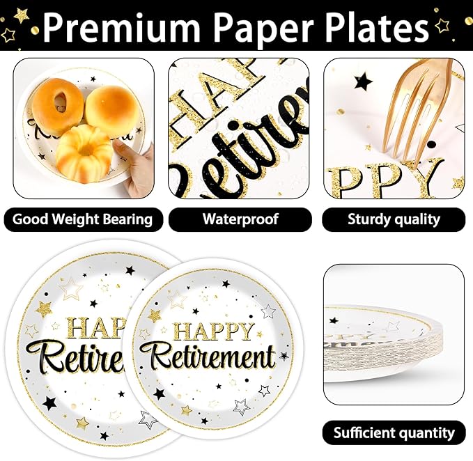 Qyeahkj 100PCS Retirement Party Supplies Happy Retirements Paper Plates Napkins Tableware Set White and Gold Disposable Dinnerware Retired Theme Decoration Favors for Women Men, Serve 25 Guests