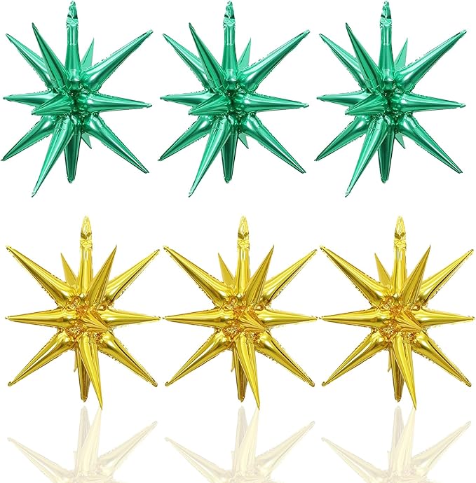 6PCS Green Gold Star Balloons, 22Inch Large Star Shaped Balloon Foil Spike Balloon Cone Balloons for Graduation Birthday St. Patrick's Day Baby Shower Jungle Party Decorations