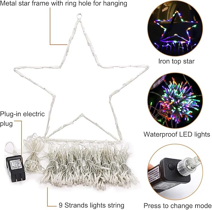 FUNIAO (New Christmas Decoration Lights, 320 LED Waterproof String Lights with Star Topper, 8 Light Modes for Christmas Tree Decoration, Holiday, Wedding (Multicolor)
