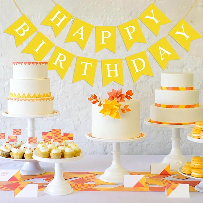 Yellow Happy Birthday Banner Sign for Backdrop Yellow Themed Birthday Party Decorations for Boys Girls Kids Party Banner Garland Bunting Flag Tea Party Supplies Wall Decor Yard Decorations
