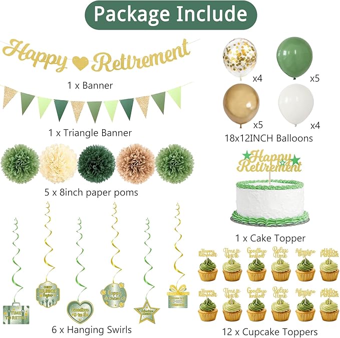 Roetyce Retirement Party Decorations Women Men, Green Happy Retirement Banner Balloons Cake Topper Hanging Swirls Pompoms Kit, Sage Green Office Retired Party Supplies for Coworker