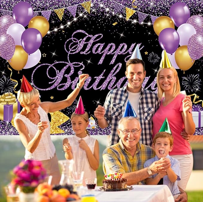 Happy Birthday Banner - Birthday Decorations for Women Girls Purple Birthday Party Banners Welcome Happy Birthday Background Sign for Theme Party Decorations Indoor Outdoor