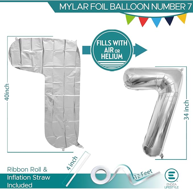 40 Inch Large Silver Number Celebration and Decoration Balloon for Birthday Parties, Graduations, Anniversaries, Weddings, Photo Shoots, Special Events - Helium Foil (Silver Number 7)