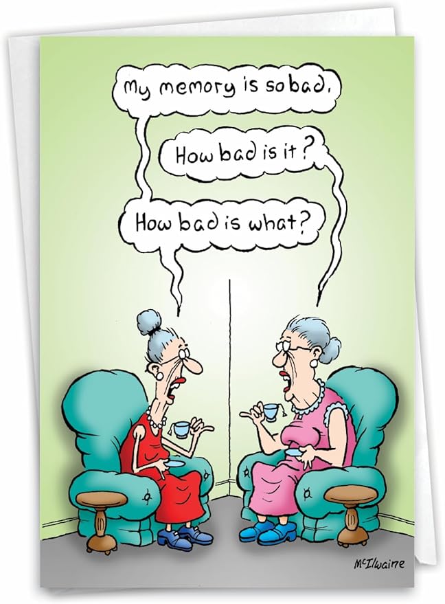 NobleWorks - 1 Funny Birthday Card for Women, Wife - Happy Bday Cartoon, Woman Notecard with Envelope - Bad Memory C3680BDG