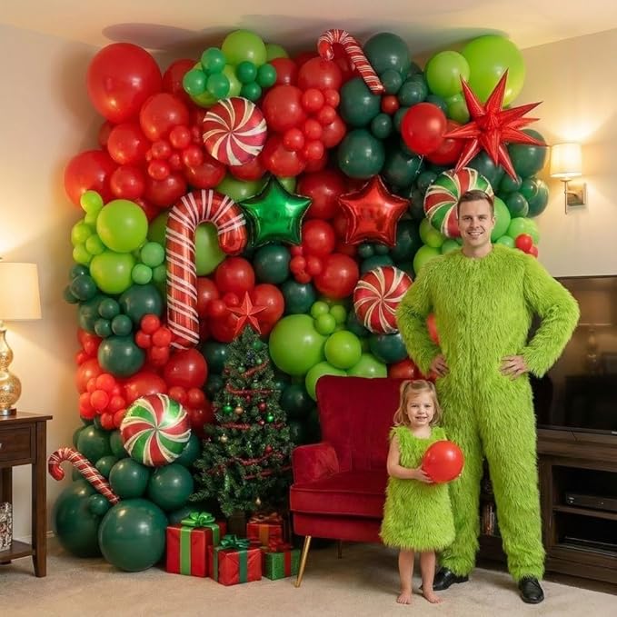 Christmas Party Decorations with Red Green Balloon garland arch Kit & small Candy cane Star Lollipop foil balloons for Kids Naughty Cartoon Birthday friendsmas Xmas Party Decorations (Red Green)