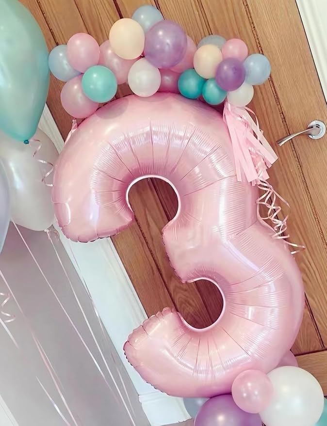 Pink Number 3 Balloons – 40 Inch Giant Foil Number Balloon, Light Pink Number Balloon for Girls Birthday, Baby Shower & Princess Theme Party Decorations