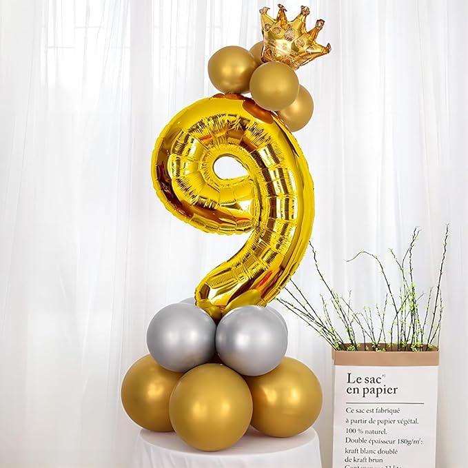 32 In Gold Large Numbers Balloons 0-9, Self Inflating Number 9 Balloons for Boys Girls, Big Gold Digit 9 Balloons for Women Men Birthday Party Anniversary Wedding Supplies Decorations