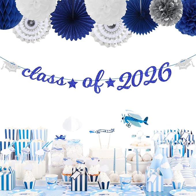 Navy-Blue White-Silver Party-Decoration Graduation Banner - 14pcs Kits Cap Garland Streamers, Royal Paper Tissue Pom Poms Flowers Fans Honeycomb,Class Of 2026 College High School Grad Decor Hugfond