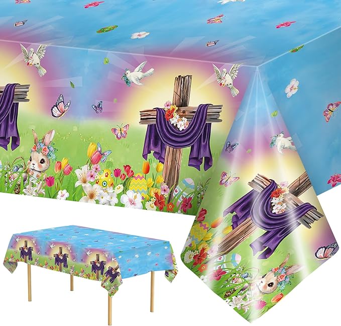 2 Pack Easter He is Risen Tablecloth - Spring Flower Christian Cross Table Cloth, Plastic Disposable Rectangle Religious Easter Bunny Eggs Table Cover for Tables Decorations and Party Decor,108x54Inch