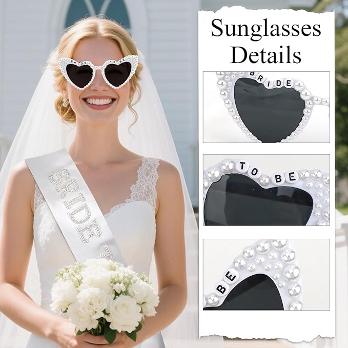 Bride to Be Set: Pearl-Trimmed Heart Sunglasses, Pearl BRIDE Sash & Tulle Veil - Bachelorette Party Bridal Accessories