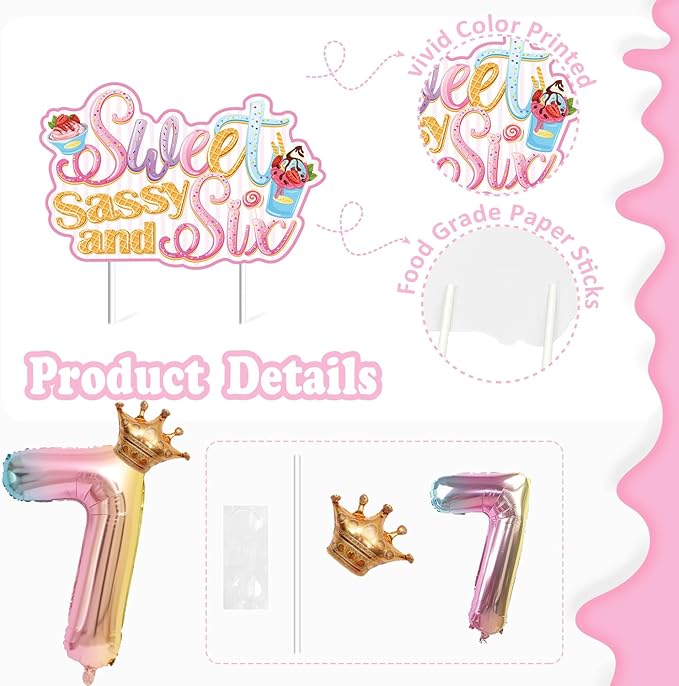 Sweet Sassy And Seven Birthday Decorations- 7th Birthday Decorations For Girls With Donut Banner Sweet Cake Topper 7th Foil Balloon For 7th Donut Themed Party Decor Sweet Seven Party Supplies