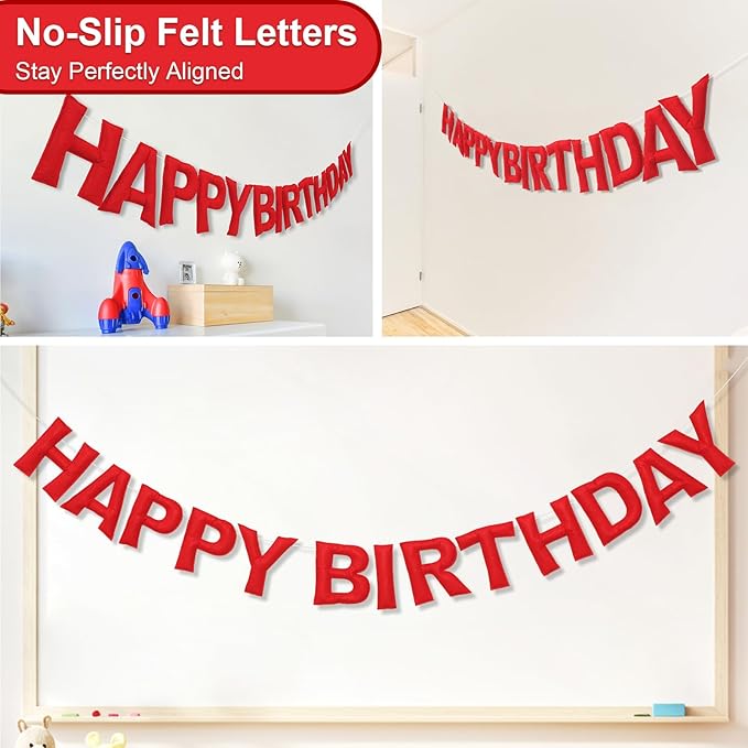 Pre-Strung Happy Birthday Banner & Felt Garland Set - Red Birthday Decorations for Women Girls | Reusable Party Supplies for Indoor & Outdoor