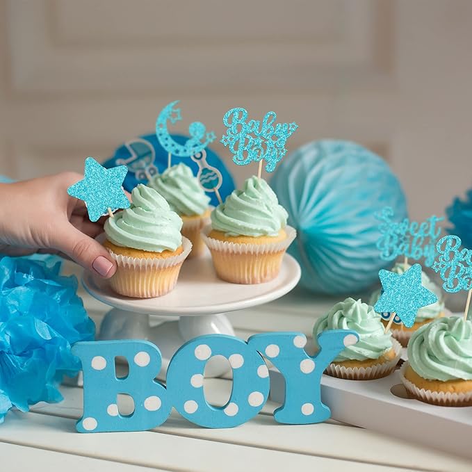 Gyufise 24Pcs Blue Glitter Baby Boy Cupcake Toppers Star Moon Sweet Baby Babyshower Boy Cupcake Picks for Baby Shower Boys Birthday Party Cake Decorations Supplies