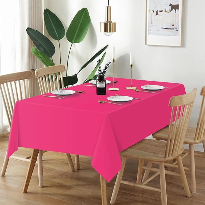 QIKSION Hot Pink Plastic Table Cloth Disposable 3 Pack, 54 x 108 Inch Tablecloths for Birthday Party, Valentines, Mothers Day Decorations, Rectangle Table Cover
