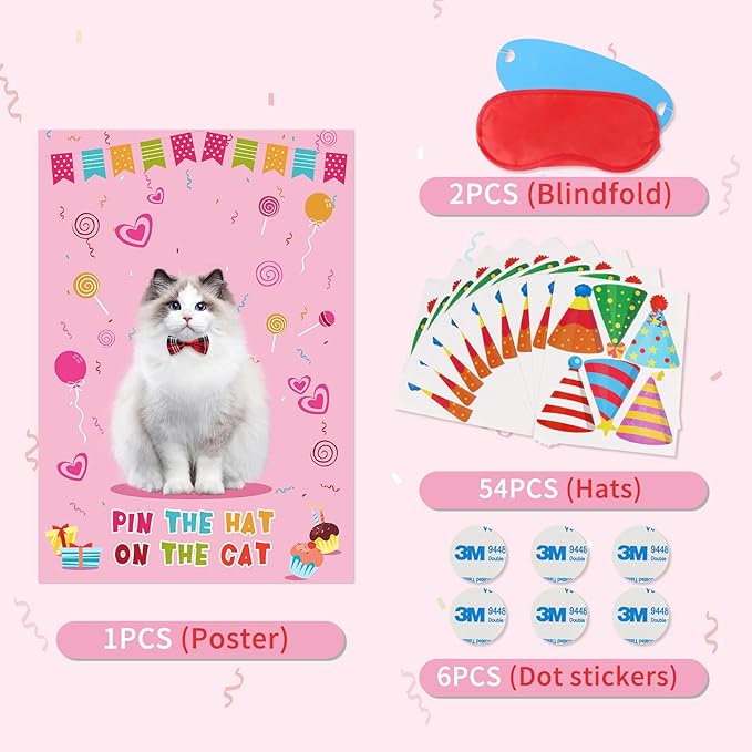 Pin The Hat On The Cat Party Game Cat Birthday Party Games for Kids, Cat Birthday Party Supplies Decorations for Girls Boys, Large Pin The Tail Poster with 54 Hat Stickers