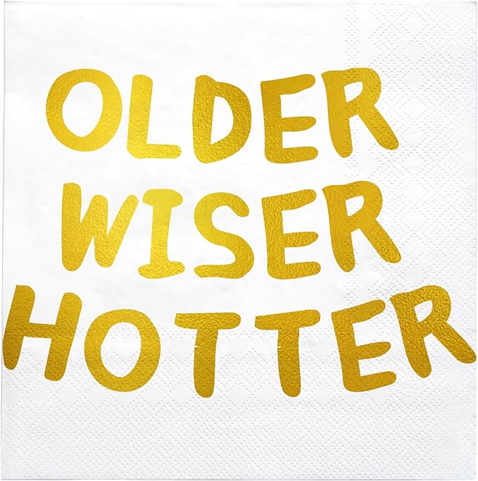 LeZakaa 25Pcs Birthday Paper Napkin, 3-Ply Gold Foil "Older Wiser Hotter" Cocktail Beverage Bar Square Disposable Napkins Guest Paper Hand Towels, Retirement Anniversary, Bachelorette Party, 5 x 5 In