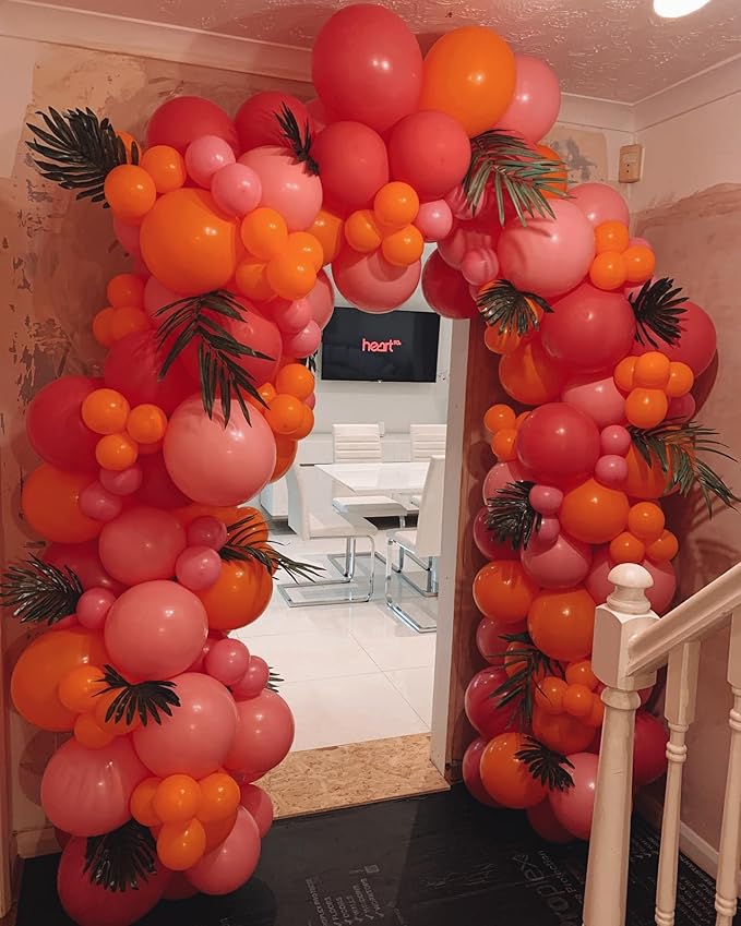 Pink and Orange Balloons, 100Pcs 12inch Hot Pink Orange Pink Latex Balloons and Confett Balloons with 1 Ribbons for Birthday Baby Shower Wedding Graduation Tropical Party Decoration