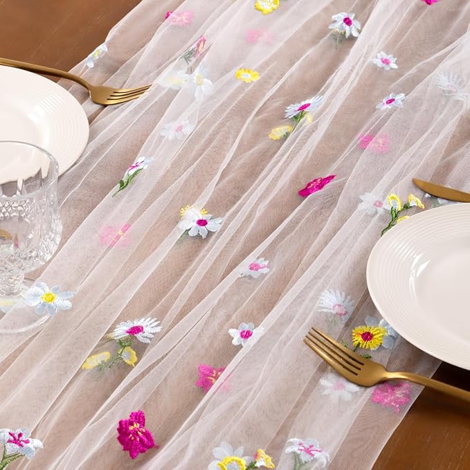 Socomi Floral Table Runner Spring Wildflower Gauze Tulle Cheesecloth Embroidery Sheer Table Runners for Wedding Party Baby Shower Birthday Holiday Picnic Home Decor 3pcs