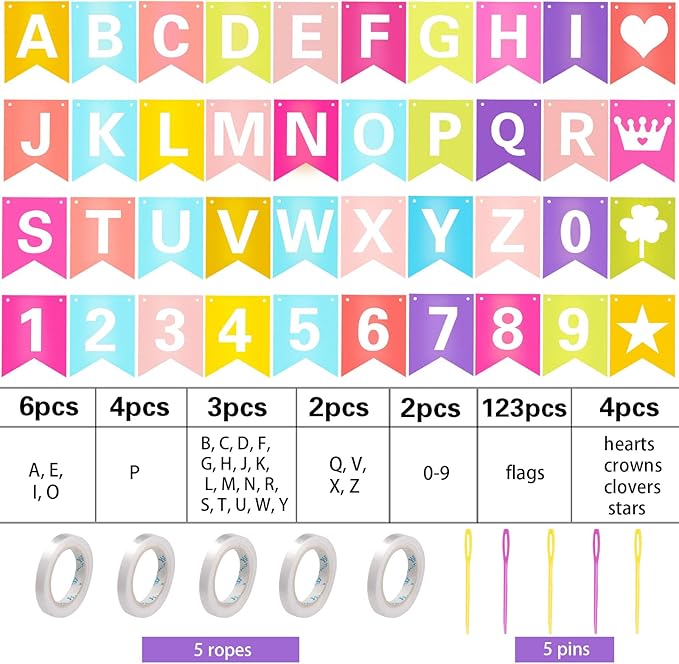 TaoBary 135 Pcs DIY Banner Custom Letters Kit Make Your Own Banner for Birthday Graduation Party Decor Include 107 Letters and Numbers, 16 Symbols, 2 String Lights, 5 Needles, 5 Rope (Colorful)