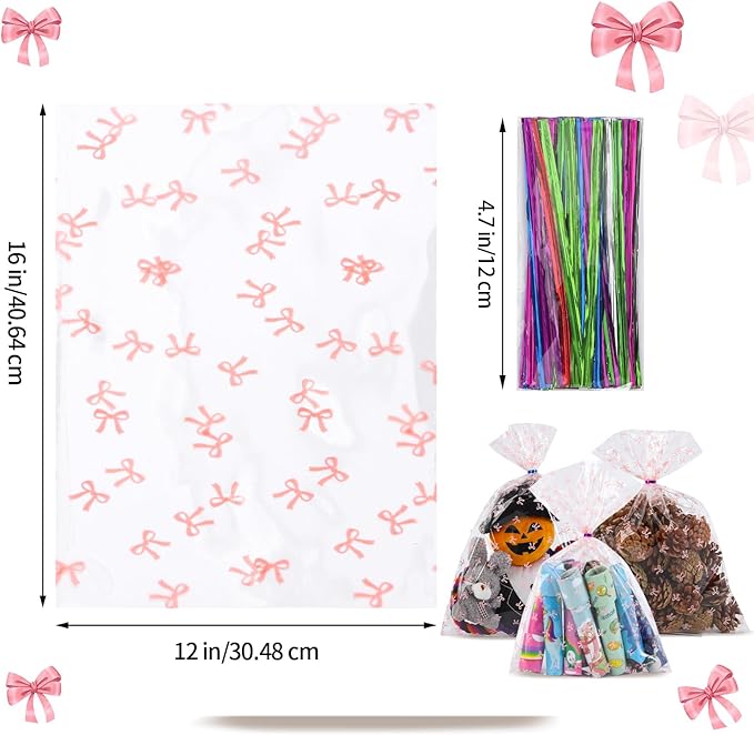 SOMIOCO Clear 50 PCS 12X16 In Cello Cellophane Treat Bags Party Favor Bags Pink Candy Cookie Bags Plastic Gift Goodie Bags with Twist Tie for Birthday,Baby shower,Wedding (Bow pattern)