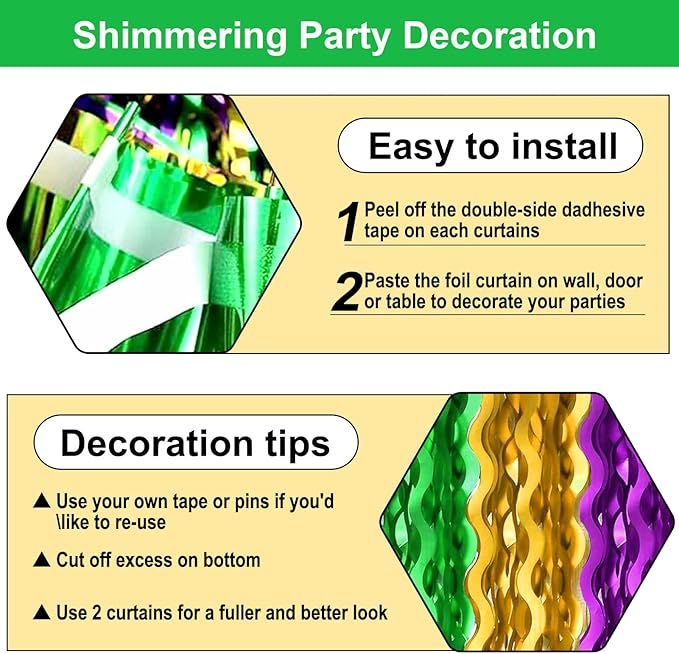 4 Pack Gold Green Purple Wave Foil Fringe Curtain Backdrop, 3.28Ft x 8.2Ft Metallic Tinsel Foil Fringe Streamer Curtains for Photo Booth, Mother's Day, Easter, Birthday, Wedding Party Decoration