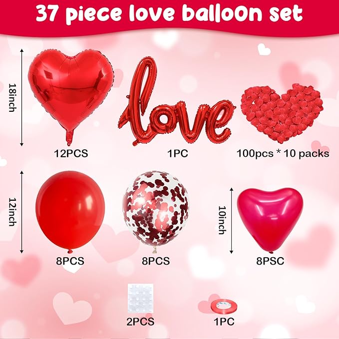Red Heart Balloons Love Balloon Valentines Day Balloons Decorations Red Heart Shaped Confetti Latex Balloon with Rose Petals for Romantic Valentine Bridal Shower Wedding Special Night Party Decoration