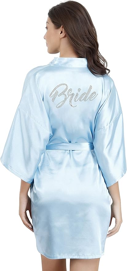 EPLAZA Women's One Size Silver Rhinestones Bride Bridesmaid Short Satin Robes for Wedding Party Getting Ready