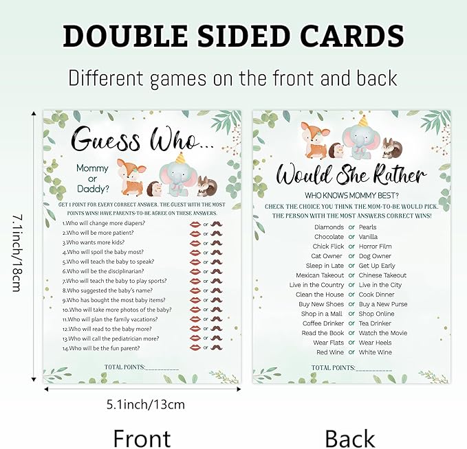 HOMANGA Baby Shower Games, 4 Funny Games for 25 Guests, Guess Who Mommy or Daddy, Word Scramble, Gender Neutral Woodland Animal Theme Baby Shower Decorations for Baby Boy or Baby Girl