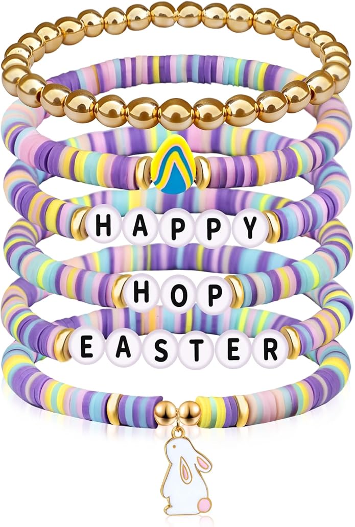 Easter Basket Stuffers for Women Happy Hoop Easter Bunny Bracelet Clay Bead Stackable Stretch Bracelet Cute Spring Jewelry Accessories Party Favors