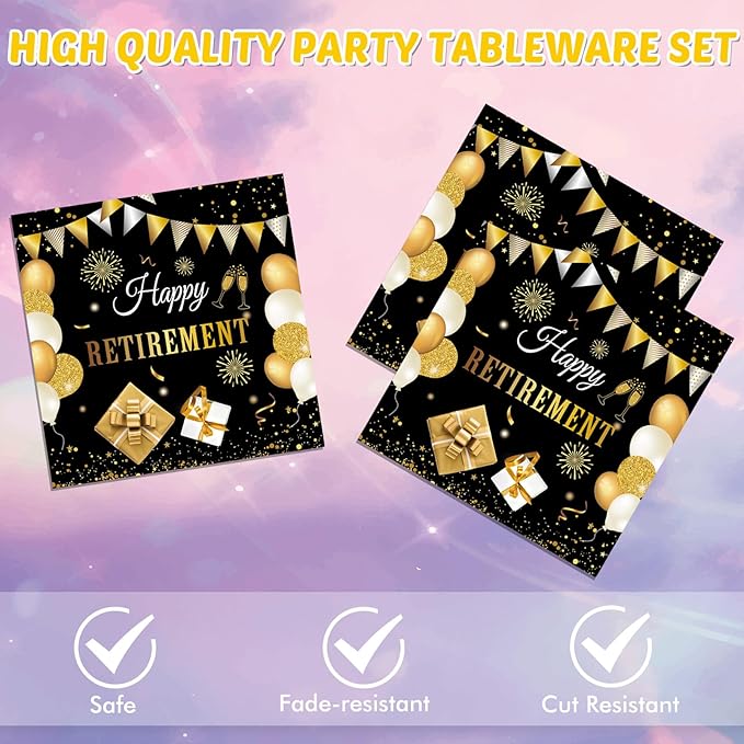 40PCS Retirement Decorations For Men Happy Retirement Decorations Plates Napkins Tableware Set Black and Golden Disposable Dinnerware Table Decoration Favors for Women Men