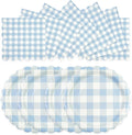 50PCS Light Blue Gingham Party Supplies - 7Inch Blue Scalloped Dessert Paper Plates and Napkins Set Disposable Plaid Dinner Party Set Cutlery for Baby Shower Birthday Wedding, Serve 25