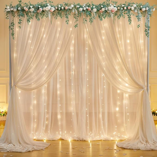 10ft x 7ft Champagne Chiffon Backdrop Curtain with Lights String for Parites Wedding Wrinkle Free Curtain Photo Backdrops Drapes for Baby Shower Birthday Party Home Decorations