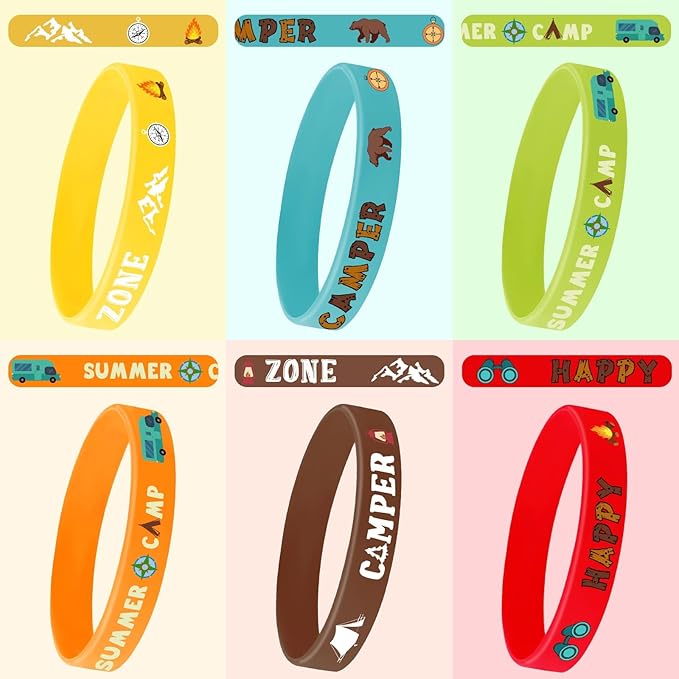 JUNEBRUSHS 42pcs Camping Party Favors Silicone Bracelets for Adults Camping Adventure Birthday Party Decorations Gift Supplies