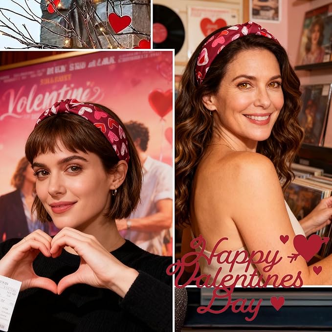Valentines headband Non Slip Cute Knotted Headbands with Heart Love designs Fashion Women Head Band for Hair Wide Top Knot Headbands for Women Holiday Party Head wear Accessories Supplies Gift 1pcs