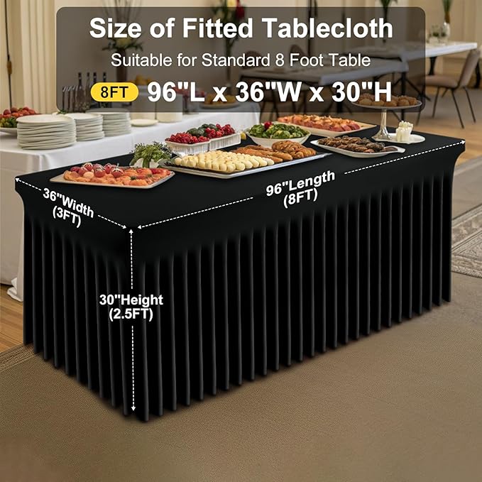 Smiry Spandex Tablecloth, Elastic Fitted Stretch Tablecloth for 8FT Rectangle Tables, Waterproof Washable Table Cover Skirt for Outdoor, Wedding, Banquet & Parties (Black, 96Lx36Wx30H Inch)