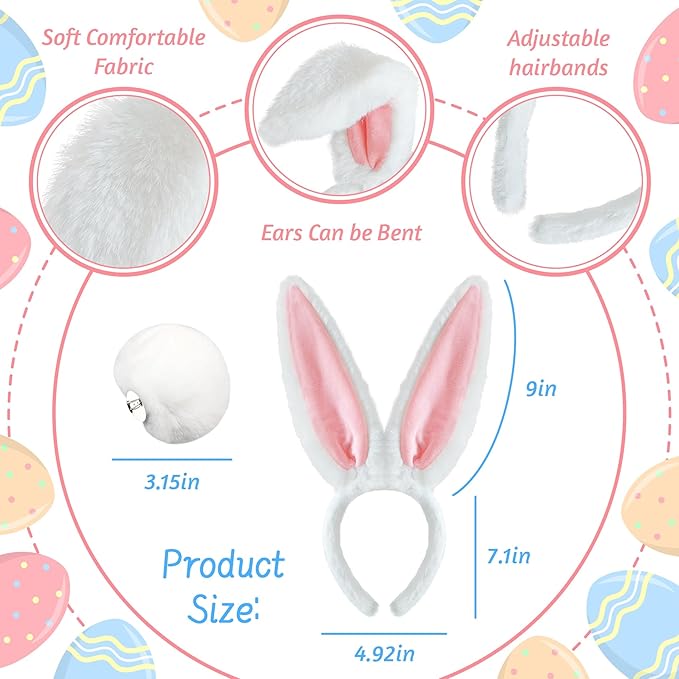 IGMaryBox Furry Bunny Ears Headband and Tail Plush Rabbit Ears Headband White Bunny Ear Hairband for Adult Women Easter Rabbit Costume Headwear Halloween Party