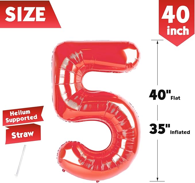 40 Inch Red Number 5 Balloon, Giant 5 Number Balloons for 5th Birthday Decorations, Party Supplies for Baby Boy Girl, Red Party Decor