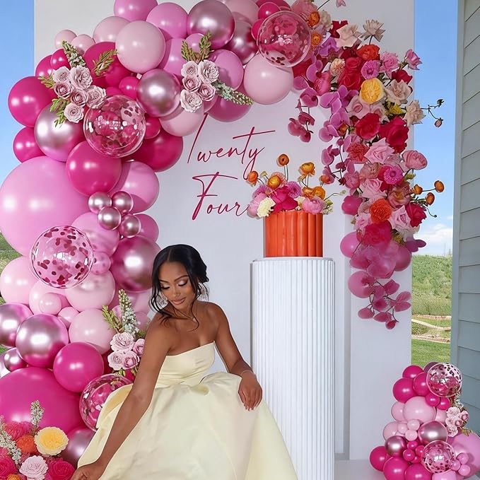 Pink Balloon Arch Kit, Hot Pink Balloons Garland Arch Kit Metallic Marcaron Pink Confetti Balloons for Bridal Shower Wedding Birthday Valentines Day Party Decorations