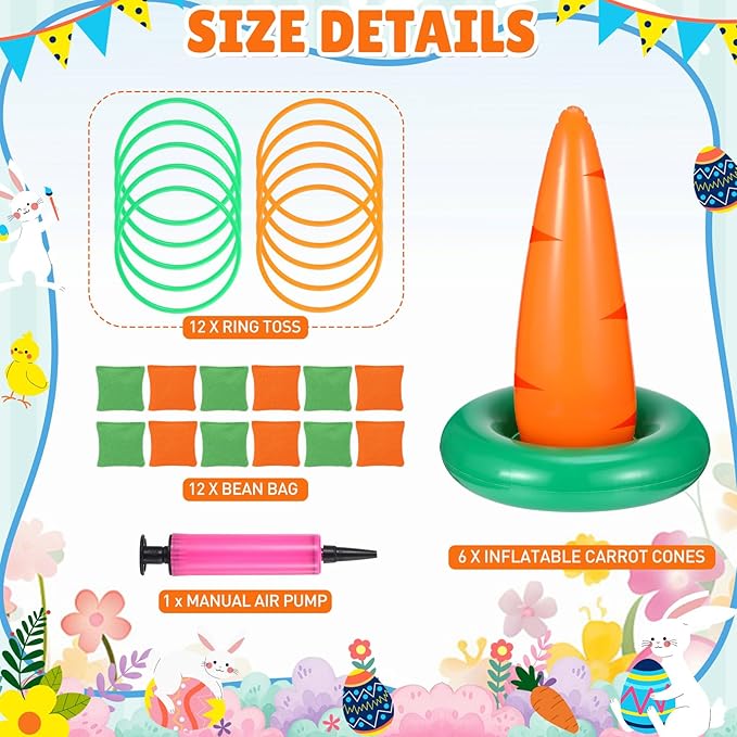 Easter Carrots Inflatable Ring Toss Game for Adults Family, Indoor Outdoor Party Easter Game Party Decorations Cute Fun with 6 Cones 12 Rings 12 Bean Bags 1 Air Pump