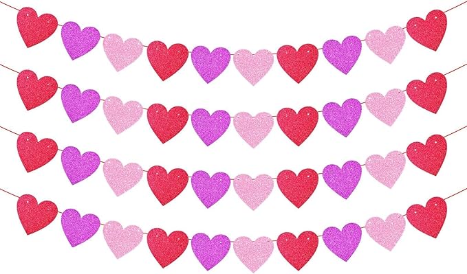 Glitter Red Pink Hot Pink Valentine's Day Banner, 4 Strings Red Pink Hot Pink Shiny Heart Banners Sign for Celebrate Valentine's Day Party Wedding Ceremonies Holiday Party Decorations