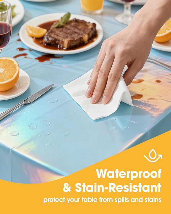 Iridescent Blue Plastic Table Cloth - 4 Pack 54" × 108" Rectangle Disposable Tablecloths for 6FT Tables, Table Cover for Party, Holiday & Gathering Use