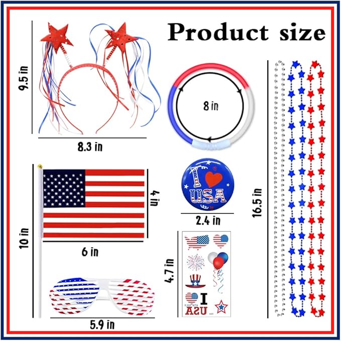 UMEELR 126Pcs Patriotic Party Supplies, 4th of July Party Accessories with Necklaces Headbands Shutter Glasses Flags Glow Sticks for 4th of July Independence Memorial Day Party Favor