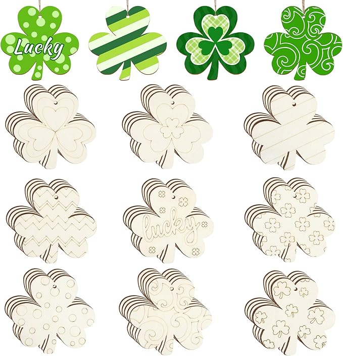 36PCS Wooden Shamrock Ornaments to Paint St. Patrick's Day Decorations,9 Styles DIY Blank Unfinished Wood Shamrock Cutouts Ornament for Tree Home Crafts Hanging Gifts Indoor Spring Farmhouse