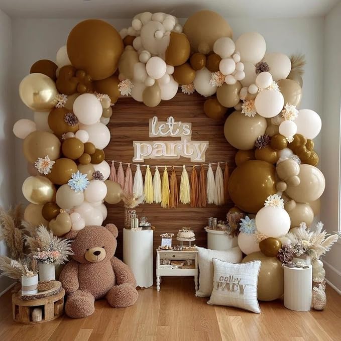Neutral Balloon Arch Garland Kit - Double Stuffed Nude Beige Brown Cream Gold Balloons with Artificial Flowers Tissue Tassels for Birthday Bear Baby Shower Bridal Party Decoration