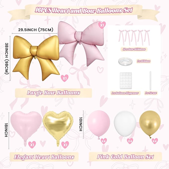 16Pcs Pink and Gold Heart Balloons, 38 Inch Pink Bow Balloon, Champagne Gold Pink White Balloon and Bow Heart Shaped Foil Balloons for Birthday Wedding Bridal Baby Shower Valentines Day Decorations
