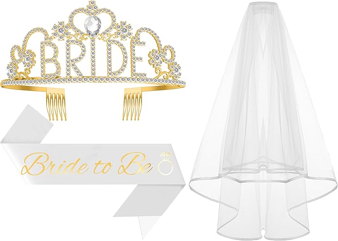 3Pcs Bride to Be Sash with Crown and Veil for Bachelorette Party Decorations，Bridal Shower Accessories for Gift, Favors